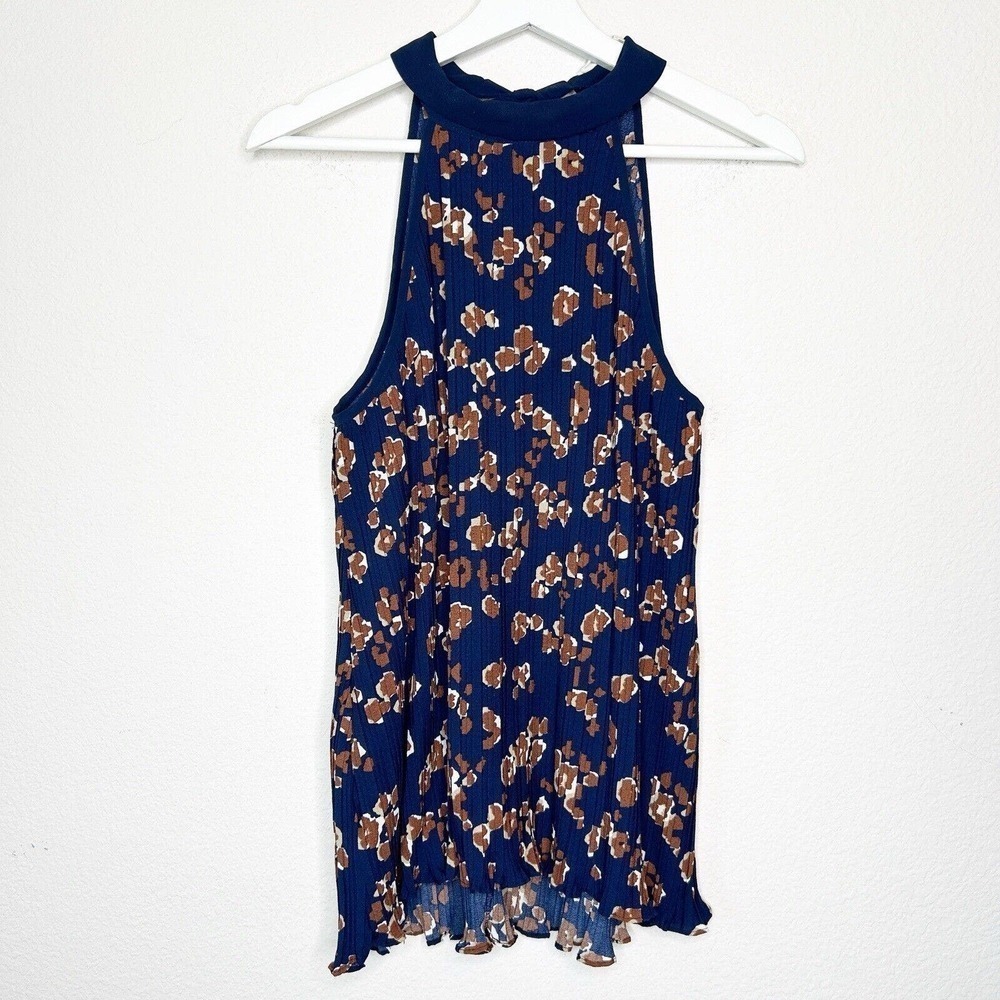 Entro Halter Tie Neck Micro Pleated Lettuce Hem Navy and Brown Floral Top S